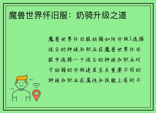 魔兽世界怀旧服：奶骑升级之道